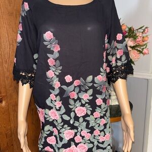 Black Floral Rose blouse with Pink Roses and lace